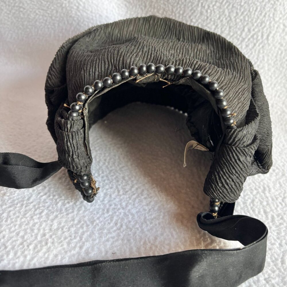 Antique Victorian Black Crepe Beaded Ruched Bonnet - Picture 13 of 15